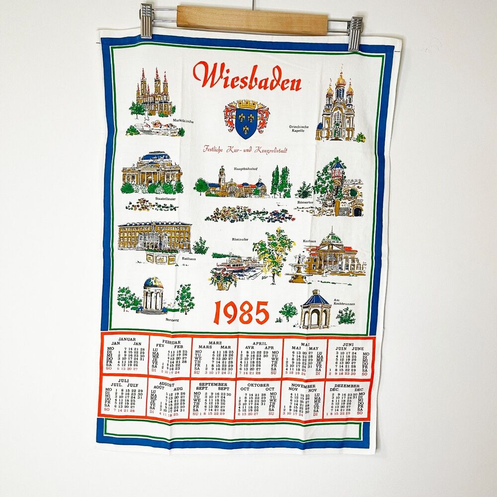 Vintage 1985 Wiesbaden Germany Tea Towel Calendar Souvenir Dish Towel Baumwolle